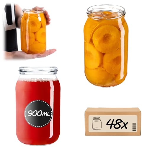 KADAX konserveringsburkar 900 ml med fi82 mm skruvlock, stora burkar med Twist Off lock, glasburkar, glasburkar för gurkor, konserverade burkar (utan lock, 48 stycken)