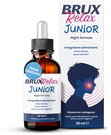 BruxRelax Junior Night Formula, Integratore Alimentare per Sonno Sereno, con Melissa Tiglio Biancospino Passiflora Escolzia e Vitamina B6, Senza Glutine e Lattosio, Gocce 30ml