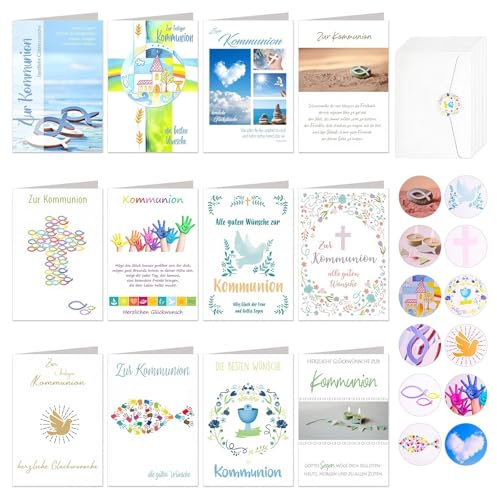 Kuvarix Lot de 12 Cartes Communion avec Enveloppes et Autocollants, Carte Première Communion Félicitations, Cartes Communion Garçon Fille, Cartes Pliables Communion