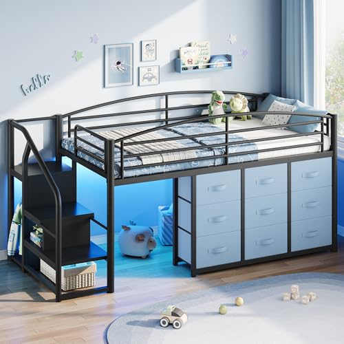 Jocoevol Low Loft Bed with 9 Storage Drawers, Hanging Rod and LED Lights, Metal Twin Kids Loft Bed with Stairway Shelf Storage, Safety Guardrail and Under-Bed Play Space for Kids (Black+Blue)