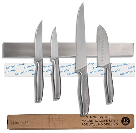 Hamletoff Premium Magnetic Knife Holder for Wall no Drilling – 16 Inch Stainless Steel Magnetic Knife Holder Self Adhesive - Kitchen Magnetic Knife Strip with Adhesive Sticker (Upgraded Adhesive Tape)