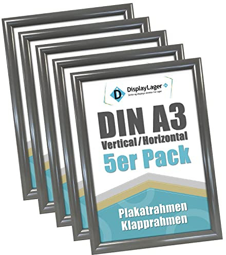 DisplayLager - 5 Pezzi A3 Cornice a Scatto da 25 mm, Profilo in Alluminio Anthrazite Grigio Disco di Protezione antiriflesso e Materiale di Fissaggio