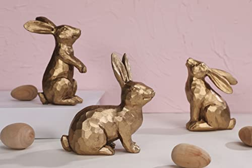 WONDROUS' DECO Resin Dark Gold Easter Bunny Figurines, Small Decorative Easter Bunny Statue Set of 3, Vintage Easter Rabbit Table Home Decoration, Gift