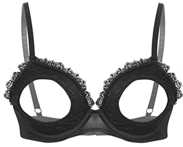 dPois Womens Padded Underwire Bra Tops Nightclub Open Nipple Bralette Nightwear Balconette Black XX-Large