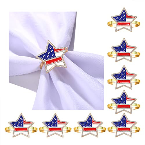 6/8 Pieces 4th of July Patriotic Napkin Rings Rhinestone American Flag Metal Napkin Ring Holders Independence Day Blue Red Star Napkin Ring Holder Buckle Table Ring for Dining Table (B-8PCS-Star)