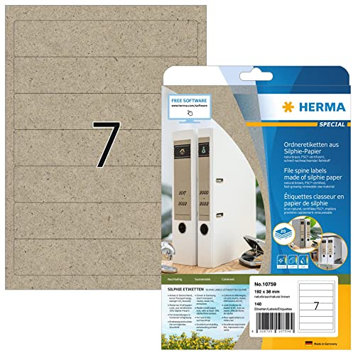 HERMA 10759 Ordnerrücken Etiketten aus Graspapier kurz schmal, 20 Blatt, 192 x 38 mm, 7 pro A4 Bogen, 140 Stück, selbstklebend, bedruckbar, Silphie-Papier Ordneretiketten Rückenschilder, natur-braun