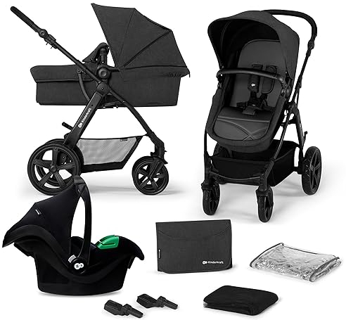 Kinderkraft MOOV CT Poussette 3 en 1, Avec Siège auto MINK PRO I-Size, Landau bébé jusqu'à 26 kg, Poussette combinées, Pliable, 4 roues avec amortisseurs, Position allongée, Réglage poignée, Noir