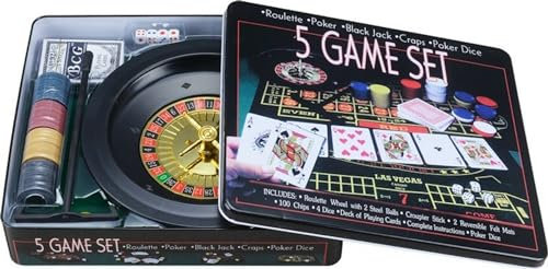 Pegasi 5-in-1 Pokerset 400 Chips - Spielbox mit Kartenspiel - 4 Würfel - Dealer Button - 2 Spielmatten - Roulette Rad und Kugeln - Casino Set - Poker - Roulette - Black Jack - Craps - Pokerkarten