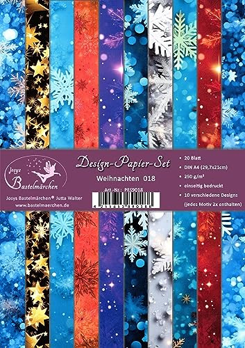Josys Bastelmärchen Design-Papier-Set 20 Blatt A4 250g Scrapbooking Weihnachten Hintergrund Sterne, PES9018