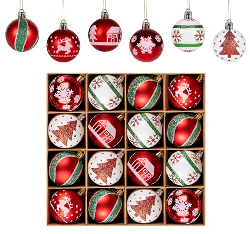 Homewit Lot de 16 boules de Noël, en plastique, vertes, rouges, blanches, pour décoration de thème traditionnel, 6 cm