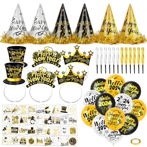 HOWAF Silvester Deko 2025, Silvester Luftballons Silvester Ballon 2025 Silvester Partyhüte Silvester Hüte Happy New Year Silvester Haarreif Silvester Temporäre Tattoos Partytröten für Neujahrsdeko