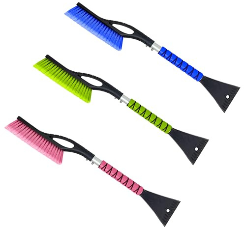 Autovir 27 Snow Brush and Ice Scrapers for Car Windshield (3 Pack), Window Scraper with Ergonomic Foam Grip, Snow Removal for Car, Must Have Winter Car Accessories (Green, Blue & Pink)
