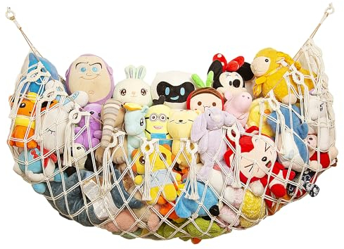 Großes Kuscheltiernetz Hängematte für flache Wandaufhängung Handgefertigtes Makramee Spielzeug Display Plüschtierhalter Kuscheltieraufbewahrung(weiß)