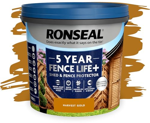 SAVING HUB Fence Paint 5L - Garden Shed Paint, Furniture Paints - Outdoor Exterior Wood Treatment - Used On Rough Swan & Smooth Planed Wood - Sheds & Fences Life Plus - Dry in 4 Hours (Harvest Gold)