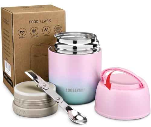 Itslife Thermobehälter für Essen 500ml, Warmhaltebehälter Essen Edelstahl mit Löffel, Thermobecher Essen Auslaufsicher, Thermo Lunchbox für Kinder, Erwachsene, Suppen, Babybrei, Grün-Rosa