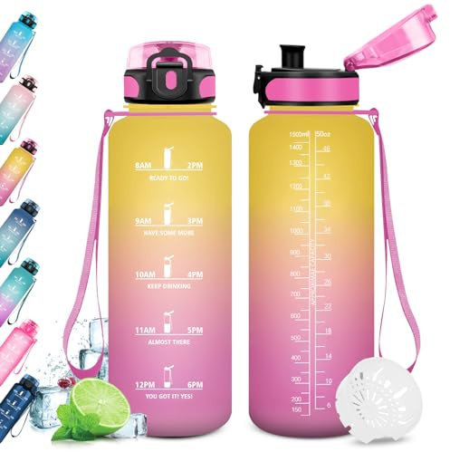 KollyKolla Borraccia 1.5L, Borraccia Palestra, Borracce Motivazionale, Borracce Sportiva con Indicatore del Tempo, a Prova di Perdite, senza BPA, Bottiglia Acqua Adulto, Scuola, Ciclismo, Fitness