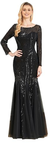 Long Sleeve Sequin Evening Dress Glitter Mermaid Long Gown for Mother of The Bride Or Wedding Guest Black 2XL