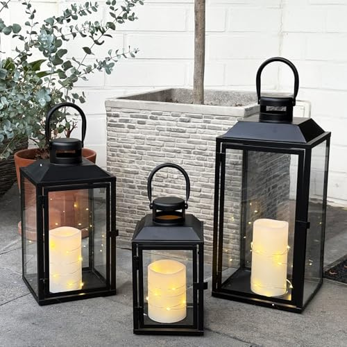 Set di 3 lanterne da giardino, lanterne in metallo, per esterni, in metallo, colore nero, altezza 24/33/41 cm