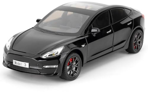 imtfzct Tesla Model 3 auto giocattolo, 1/24 modello in lega di fusione con funzione di suono e luce e funzione pull-back, può aprire la porta, modello da collezione, regalo per bambini (nero)