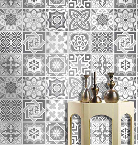 24 Moroccan Grey Tile Stickers Decals Vinyl Waterproof Self Adhesive DIY Peel and Stick Transfers for Kitchen Bathroom 15x15cm Mosaic Decals