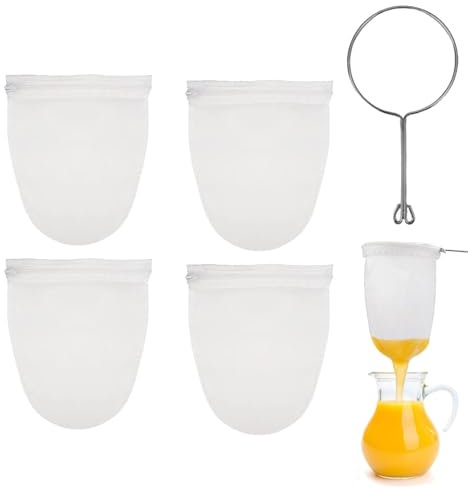 5stück Nussmilchbeutel,1 Halter,Passiertuch Wiederverwendbar,20 × 30cm Feingewebt,Passiertuch Nylon Filterbeutel,Nussmilchbeutel Bio Waschbar Mit Kordelzug Für Nussmilch,Käse,Kaffee,Joghurt,Fruchtsaft