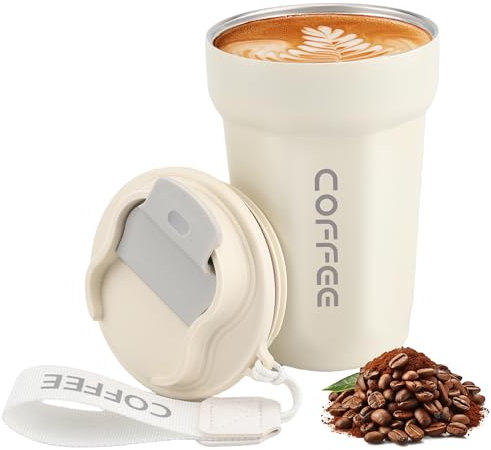 Lrocotanc Taza de Café Para Llevar - Termo de Acero Inoxidable 450ml - Vaso Térmico para Café - Taza Aislante Al Vacío A Prueba de Fugas con Tapa - Coffee Mug (Blanco)