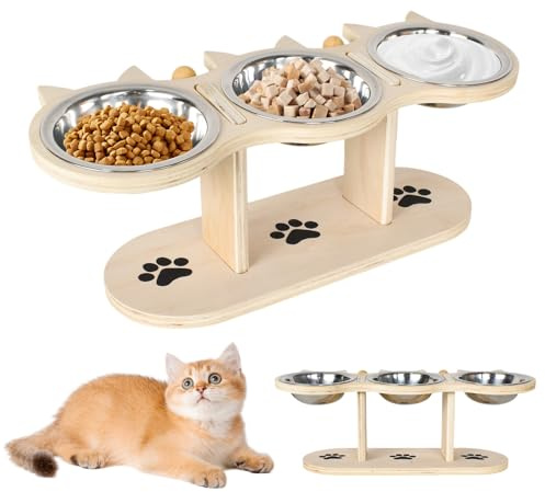 Ciotola Gatti Rialzata,Set 3 Acciaio Inossidabile Ciotole per Gatti e Cani, Mangiatoia in Bambù,Ciotola Gatto Cane in Acciaio Inox Inclinato di 15°,Altezza Regolabile,per Cani Piccoli, Gattini