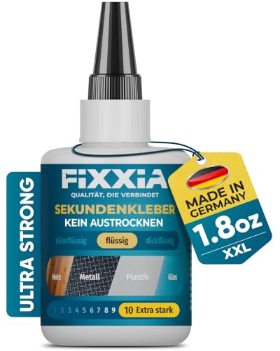 FIXXIA 50 g Colla istantanea extra forte con innovativo tappo a spillo, disponibile in versione liquida o gelatinosa, supercolla, colla extra forte, colla per metalli (liquido)