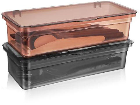 VERDANVERSE Organisateur D'Argenterie Avec Couvercle 2 PièCes BoîTe De Rangement De Cuisine En Plastique Transparent 10.63X4.72X2.76 Pouces Plateau ÉGouttoir Pour Ustensiles De Cuisine