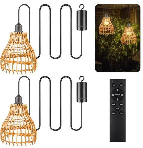 PORFOYO Lot de 2 suspensions bohème avec batterie, en rotin, vintage, à piles, suspension LED avec télécommande, lampe suspendue pour extérieur, jardin, salon et salle à manger
