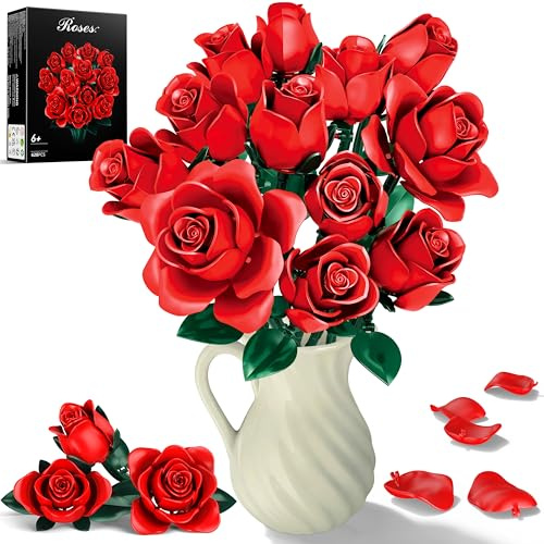 Ensemble de blocs de construction Roses rouges, 634 pièces Bouquet de roses Fleurs artificielles Collection botanique Kit de construction pour adultes Cadeau pour femmes Noël et la Saint-Valentin