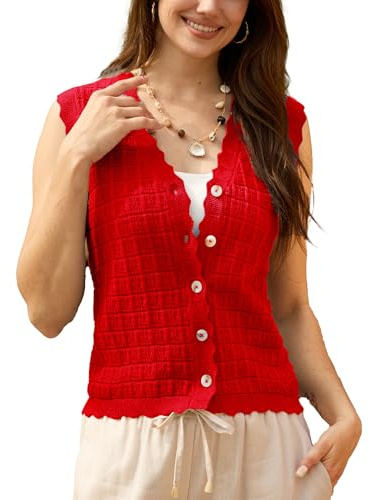 AceNest Fall Sweater Vest Waffle Knit Vest Tops Sleeveless Tops Red M