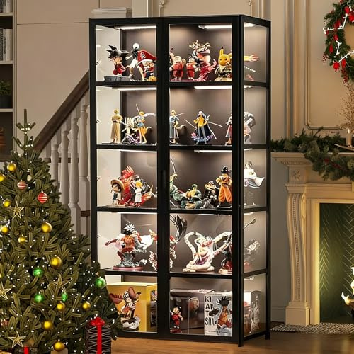 Scribora Vitrina Puerta de acrílico, Vitrina con 5 estantes, Organizador de Juguetes colección, estantería Dormitorio, rincón de Lectura, niños, bambú (Doble Apertura Negra)