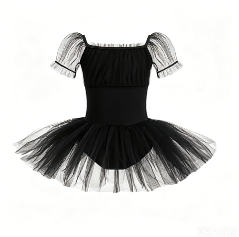 ZYXWVU Tutu Ballerina Bambina con Manica a Palloncino Vestito da Balletto Tutu Body Danza Classica Bambina, 7038-nero, 8-9 Anni