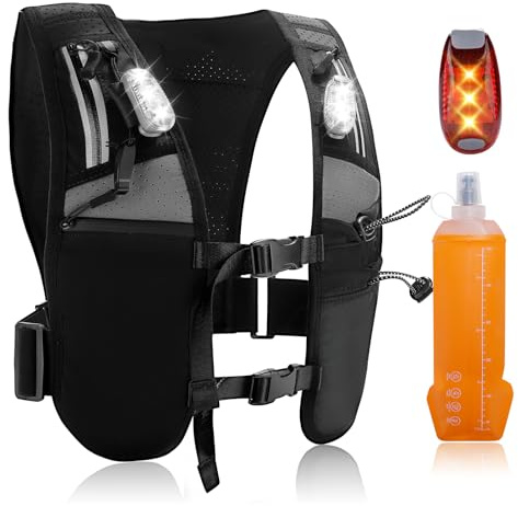 Running Vest with LED Lights & 500ml Water Bottle - Adjustable Hydration Vest for Mens & Women - Lightweight Reflective Backpacks