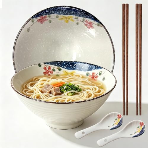 2 x 1 200 ml keramisk ramen skålsats med matpinnar och skedar, 20 cm skål soppskål stor, mikrovågsugn och diskmaskinssäker för nudlar, soppa, fo, sallad (B)