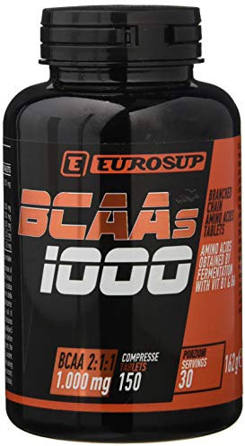 EUROSUP BCAAs 1000-150 compresse da 1000 mg - 100% aminoacidi ramificati di origine vegetale da fermentazione con rapporto 2:1:1 - Supporto muscolare - Riduzione stanchezza e affaticamento - Vegan
