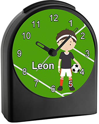 CreaDesign Analog Kinderwecker personalisiert mit (Wunsch) Namen, Kinder Funkwecker ohne Ticken und mit Licht/Beleuchtung, Schulanfang, Motiv Moitv Fußball