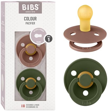 BIBS Colour Soother 2-Pack, BPA Free Dummy Pacifier, Round Nipple. Natural Rubber Latex, Size 1 (0-6 Months), Woodchuck/Hunter Green