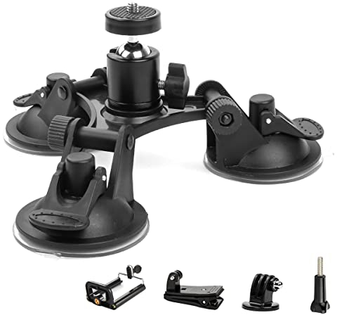 Geila Soporte de ventosa para cámara triple para montaje en coche, soporte de ventosa triple con cabeza roscada de 1/4, cabezal de bola de trípode de 360 grados (juego de ventosa de viaje)
