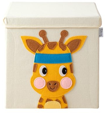 LIFENEY Caja de almacenaje con Tapa y Dibujo de Jirafa I Caja de Juguetes con Motivos de Animales Adecuada para Estantes Cúbicos I Caja de almacenaje para la Habitación de los Niños
