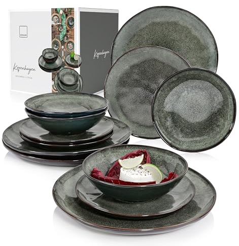 SÄNGER | Teller Set Kopenhagen 12 tlg, Steingut Geschirr Set 4 Personen, Tafelservice inkl. Essteller Frühstücksteller & Tiefe Teller, Speiseteller Set Spülmaschinenfest Grün Grau | PREMIUM COLLECTION