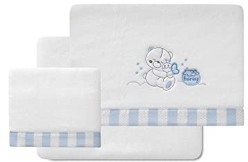 Sábanas Coralina Honey Bear blanco y azul para capazo y carro de bebé.