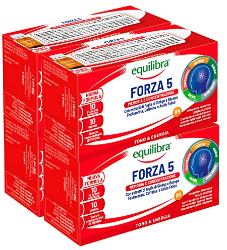 4x Equilibra Integratore Forza 5 per Memoria e Concentrazione con Acido Folico ed Estratti di Ginkgo Senza Glutine e Lattosio - 4 Confezioni da 10 Flaconi