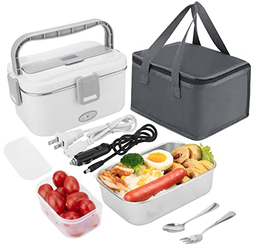 UKOFEW 1.8L Elektrische Lunchbox, 60W Thermobehälter für Essen für Auto, LKW Und Büro Beheizbare Lunchbox 12V 24V Und 220V, Edelstahl Thermoskanne Heißes Essen mit Besteck und Bento-Packung(Weiß)