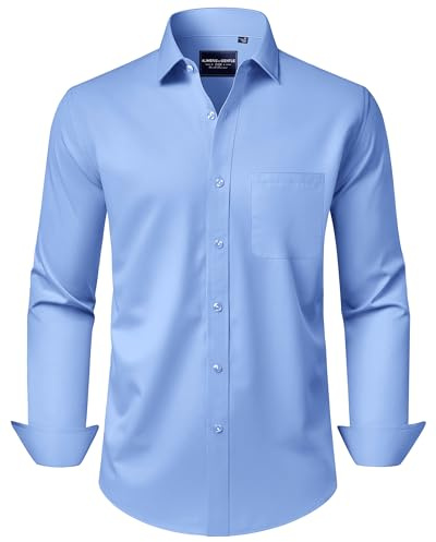 Alimens & Gentle Blue Dress Shirt for Men Long Sleeve Solid Stretch Wrinkle Free Casual Business Homecoming Button Up Shirt