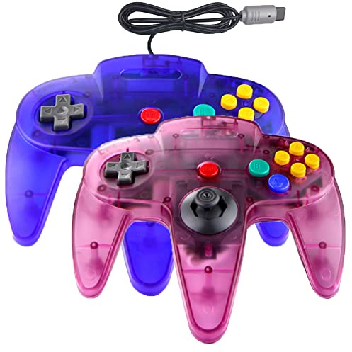 Hovlian 2 Pack Classic Controller Wired 64-Bit Gamepad Joystick für N64 Konsole (Clear Blue and Clear Purple)