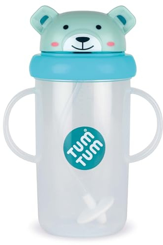TUM TUM Kopp med viktad sugrör, läckagesäker kopp, lärande mugg för bebisar, fällbart lock, silikonsugrör (Boris the Bear 300 ml)