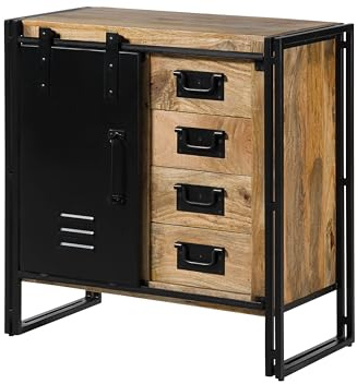 Commode en Bois de manguier 90x45x90 laqué Naturel Blackburn - diverses Couleurs, Couleur:Nature laqué Clair/métal Noir, Mesure:90x45x90 cm (LxPxH)