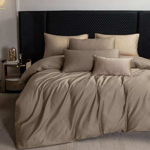 MooMee Duvet Cover Set, 100% Extra Long Staple Cotton 600 Thread Count Sateen Smooth Luxury Breathable Hotel Quality Cooling Bedding for All Season, 3 Pieces (Mocha Brown, King 104x90)